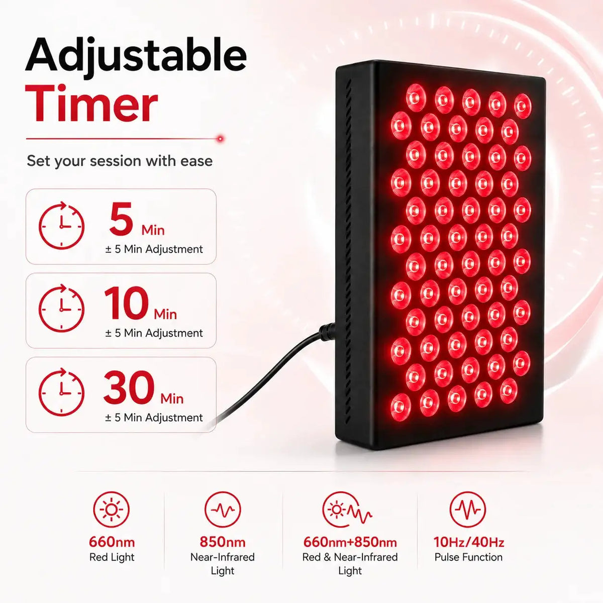 60 Dual‑Chip LEDs 660nm 850nm Red Near Infrared Light Therapy Panel Pulse Mode Beauty Device