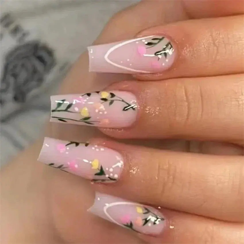 24 Pcs Square Head Coffin Pink Matte French Fake Nails Set