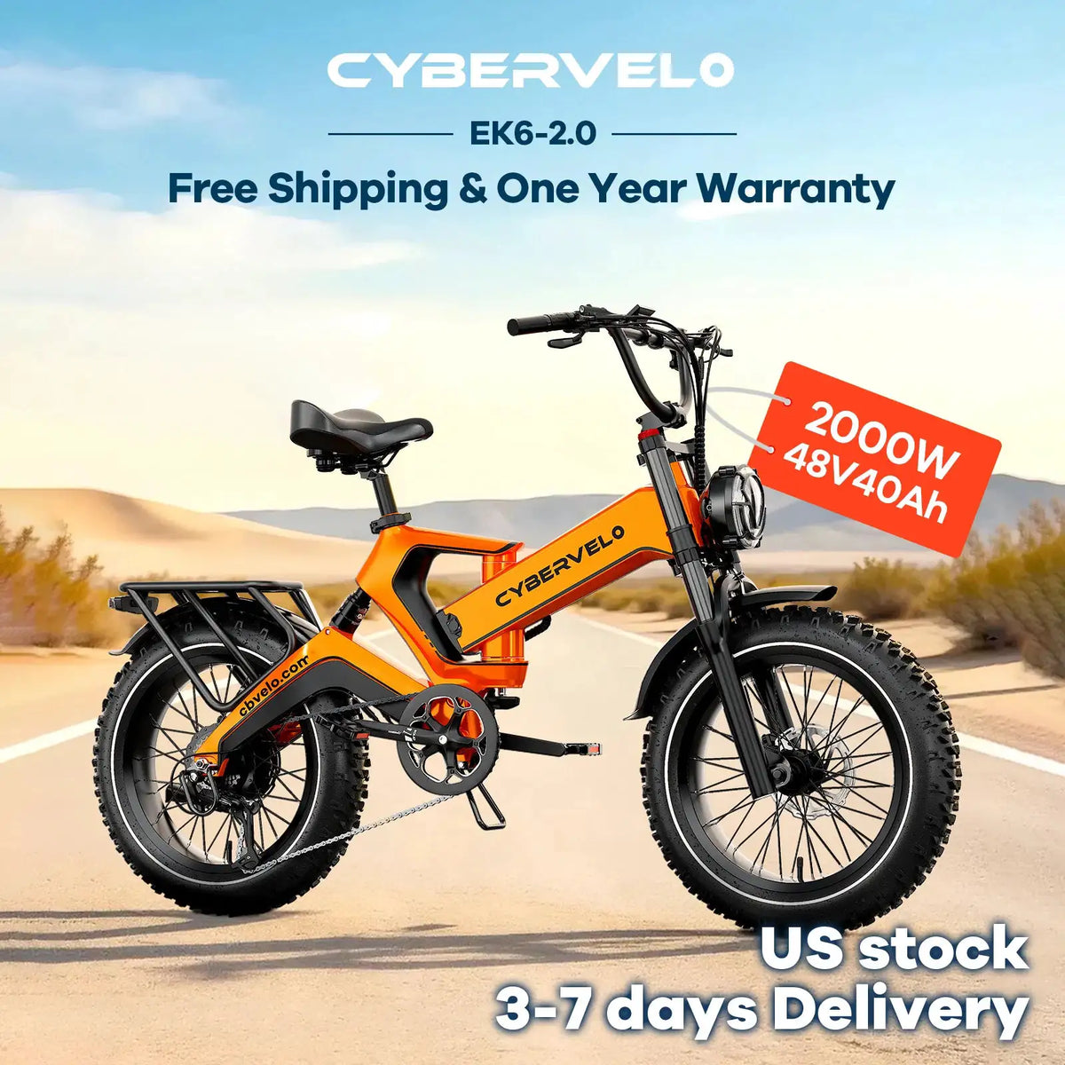 Cybervelo 20” Fat Tire 48V 40AH Waterproof Automotive Super Battery Max Speed 30+MPH Ultra Long Range 150 Miles Off Road Commuter High Speed Ebike EK6 Max