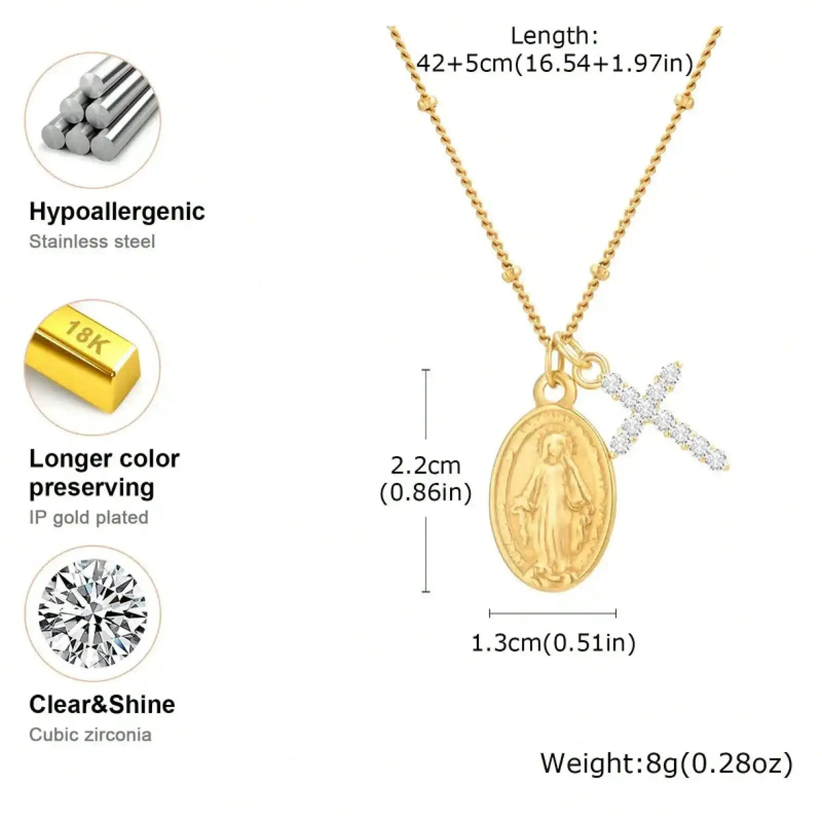 Cross Virgin Mary Pendant Necklace For Women,Stainless Steel Gold Plated Bead Chain Necklace, Religious Prayer Jewelry