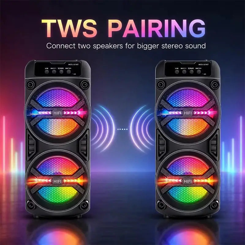 Portable Bluetooth speaker, colorful ambient lights, dual subwoofers with deep bass, supports BT/TWS/FM/USB/AUX/TF/microphone