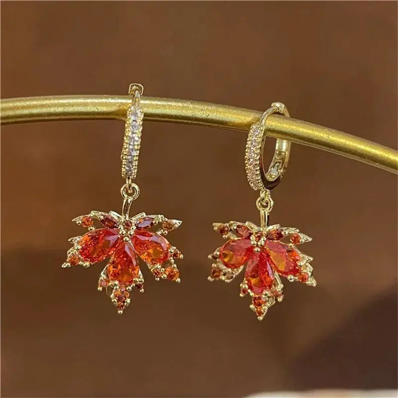 Vintage Red Maple Leaf Crystal Earrings Timeless Elegance