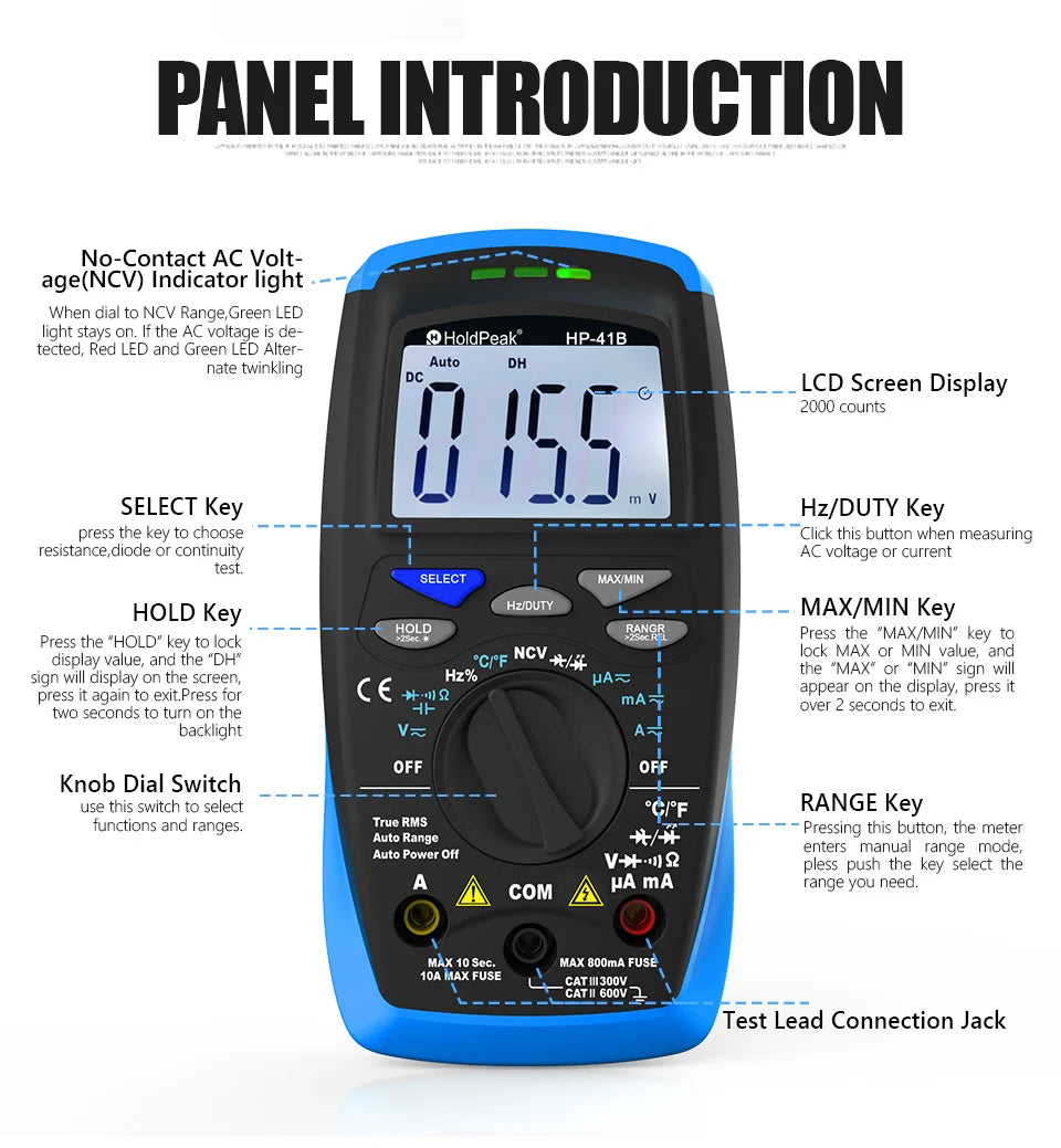 HOLDPEAK Electric Tester Voltmeter Ammeter Professional Digital — product view 4