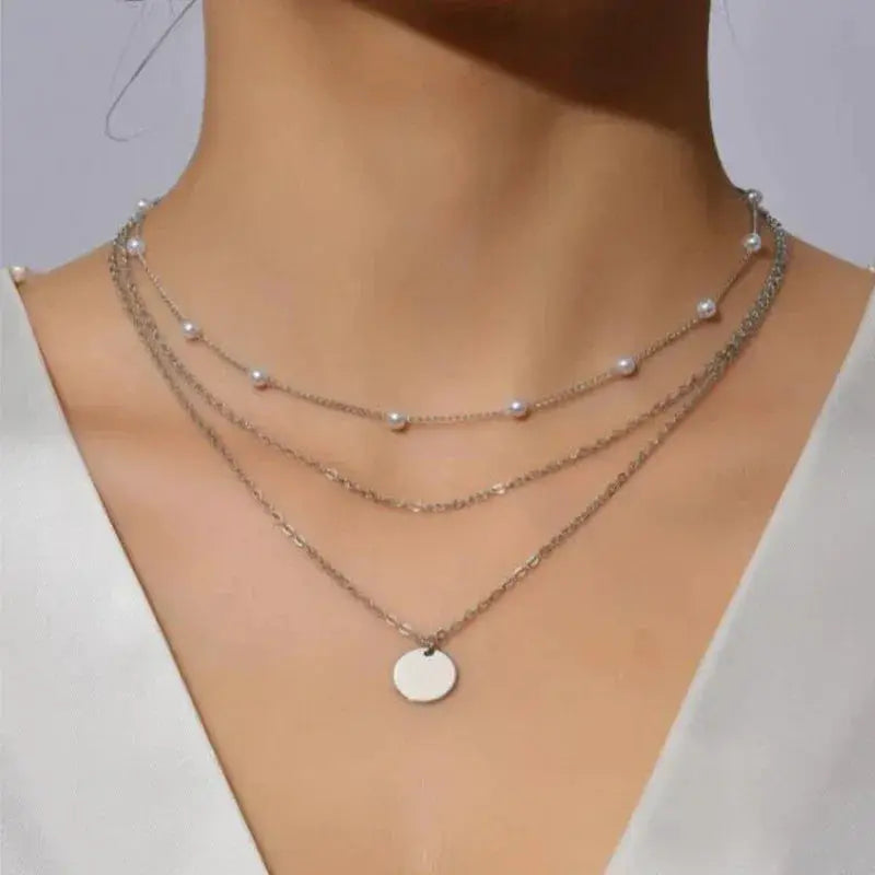 Vintage Double Round Charm Layered Necklace Womens Jewelry