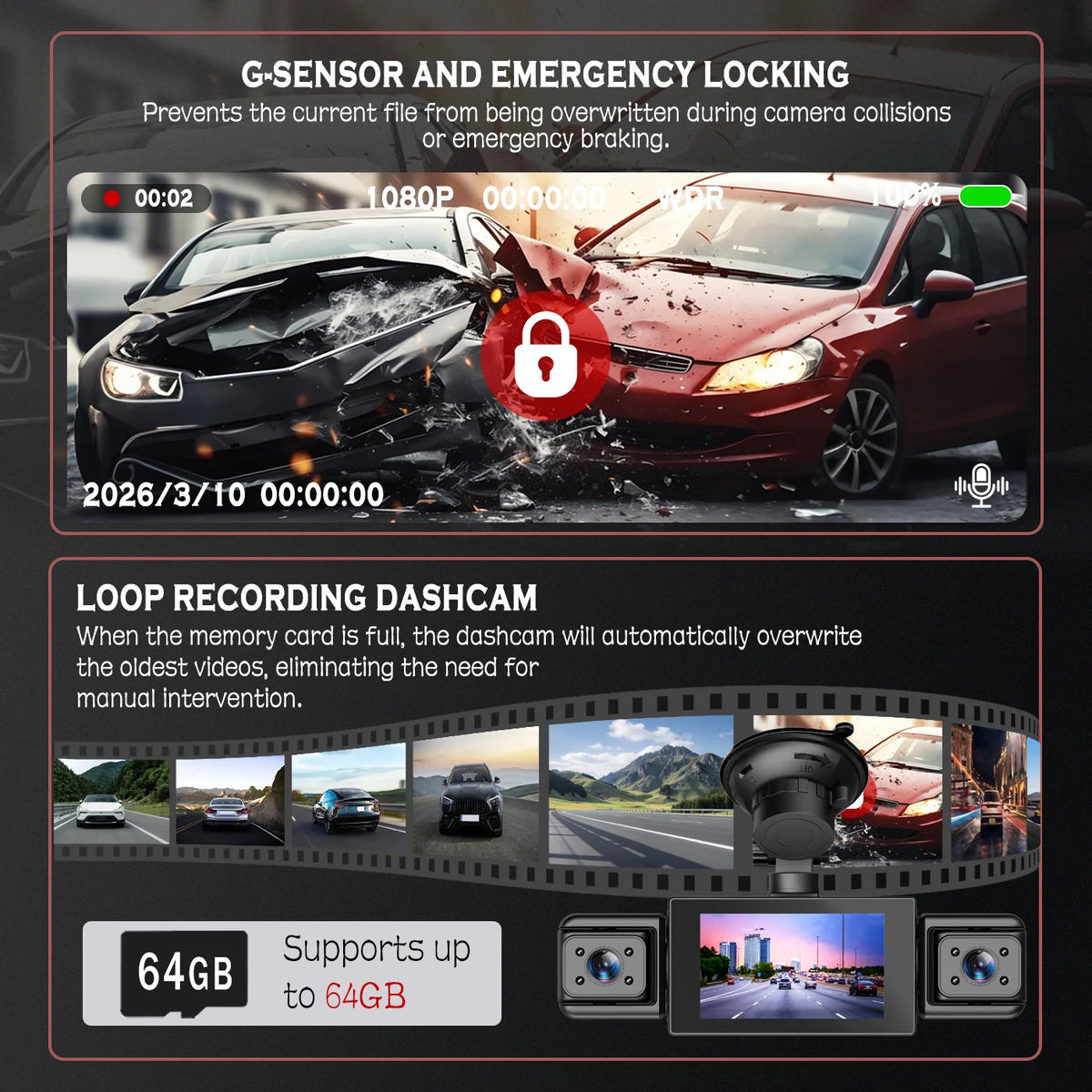 BCUOZ ° Dashcam with Super Night Vision - Front Rear Left — product view 4