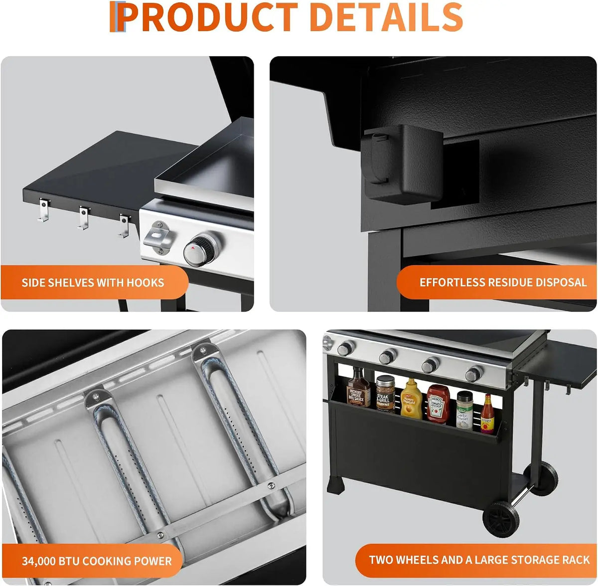 BTU Propane Gas Grill – sq.in Flat Top, Weather-Resistant Hood — product view 5
