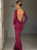 Hugcitar Backless Long Sleeve Bodycon Maxi Dress Solid Prom Party Y2K Night Glow