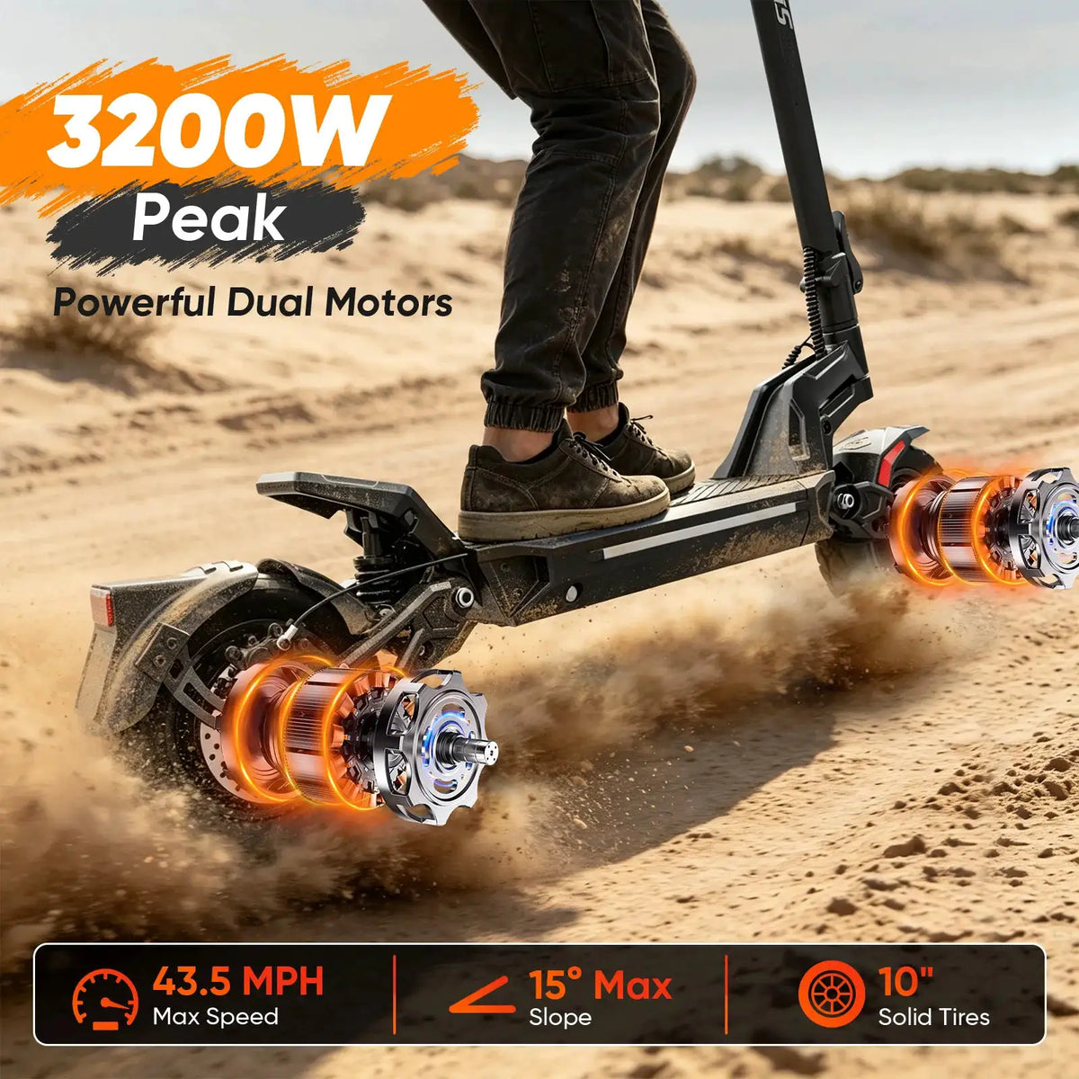 Spacewalk 3200W Peak Dual Motor Electric Scooter for Adults, 52V 22.5Ah Battery 43.5MPH Max Speed 60-80 Miles Long Range, 10" Off Road Tires, NFC Unlock & Smart APP, Foldable Commuting E Scooter 330LBS Load