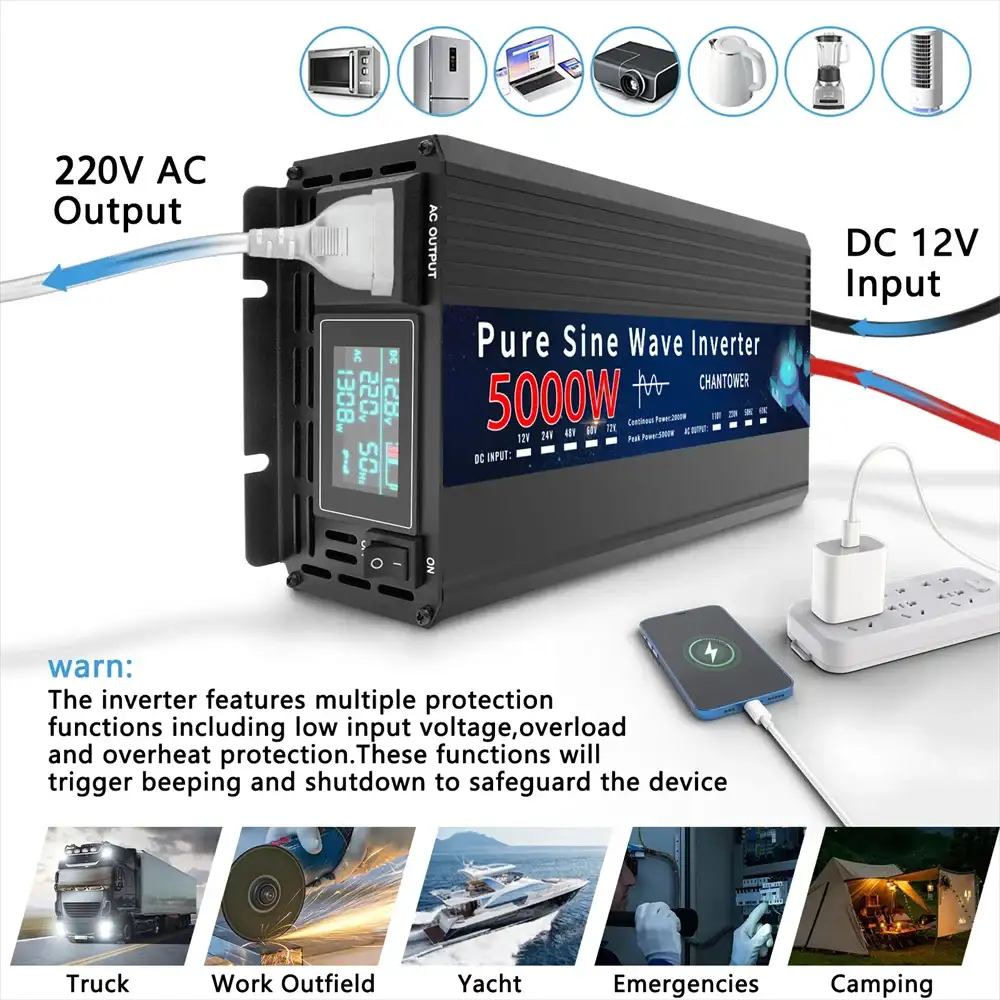 Inverter 5000W Pure Sine Wave DC 12v/24v To AC 110v/220v 5000W 50HZ/60HZPortable Power Voltage Converter Car Solar Inverter
