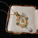 Women Gemstone Necklace and Zirconia Pearl Earrings Set in Textured 18K Gold