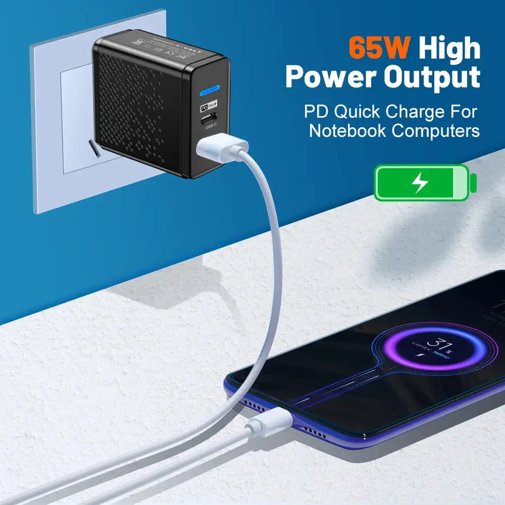 65W GaN USB C Charger 2 Ports Fast Charging EU/US/UK/KR Plug Wall Charger For iPhone Samsung Xiaomi Huawei Phone Charger Adapter