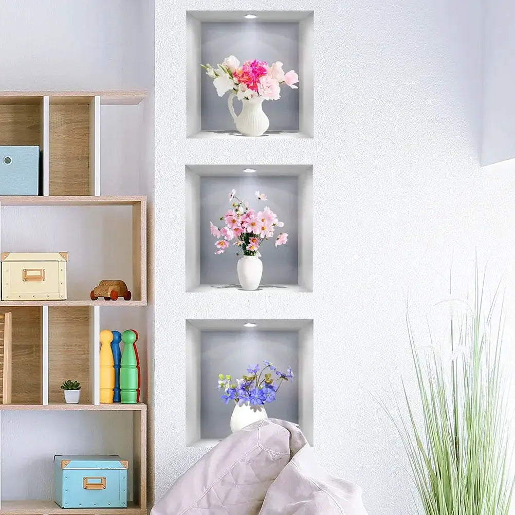 3D Window Flower Wall Sticker Vase Set 3 Pieces Decor