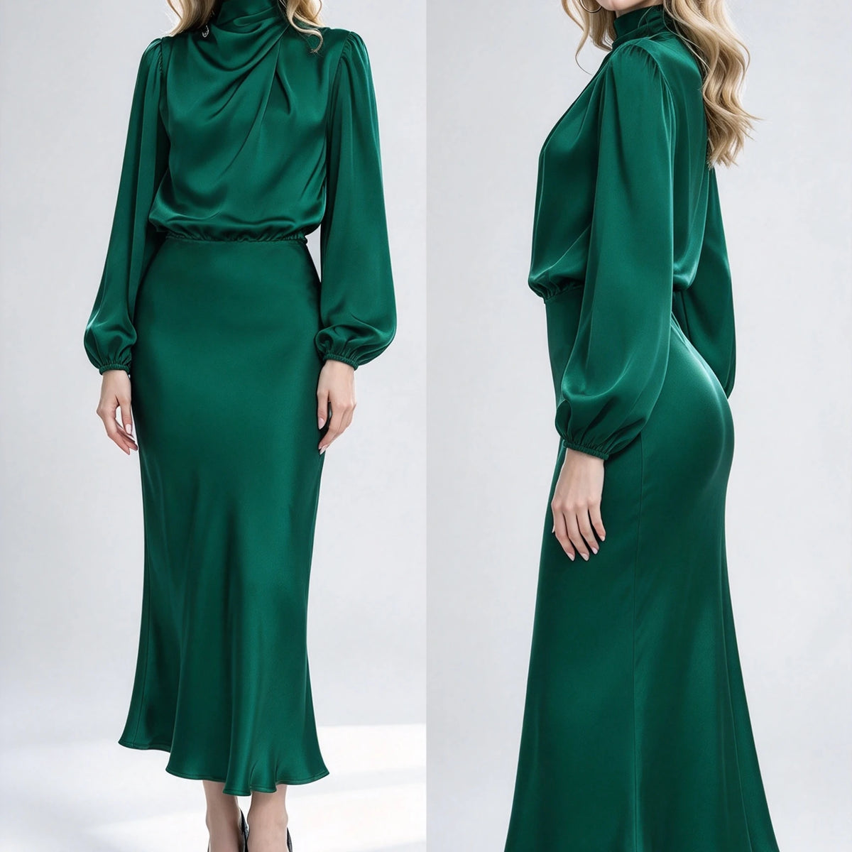 Satin Draped Lantern Sleeve Dress