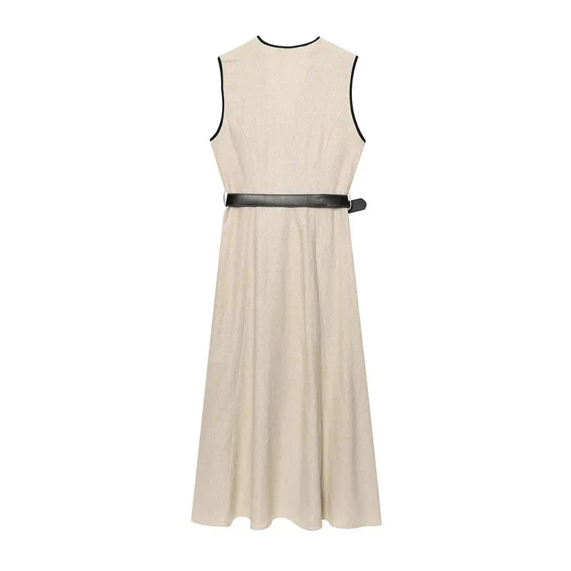 Y2K Patchwork V-neck Midi Dress With Belt Women Elegant Sleeveless Evening Party Tank Dress Summer Vacation Chic Beach Vestidos