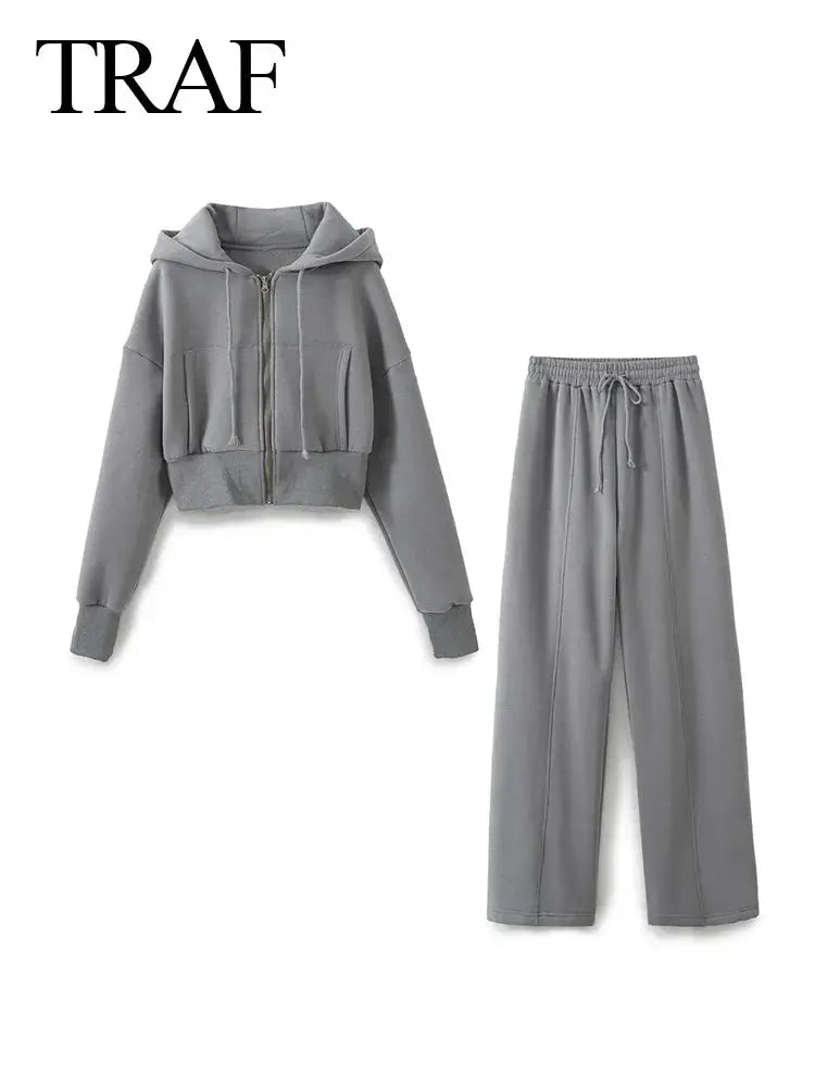 TRAF 2024 Spring Women Casual Hoodies Zipper Coat Set