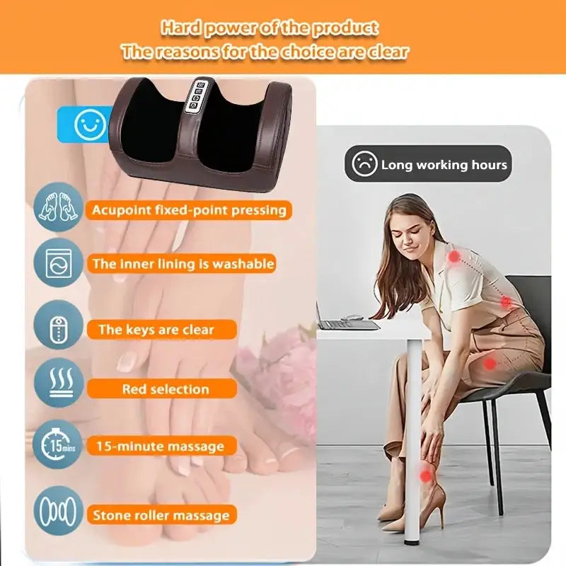 Electric Brown Foot Massager. Roller Acupressure Relaxation Massage, Targeted Massage of Foot Meridian Points. Two-Way Motion Modes, 3 Levels of Massage Intensity. Especially Suitable for Use on Calves, Feet, Legs, and Hands.