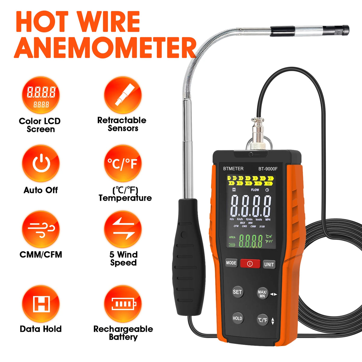 HoldPeak Hot Wire Anemometer Wind Speed Air Volume CFM/CMM Type-C — product view 1