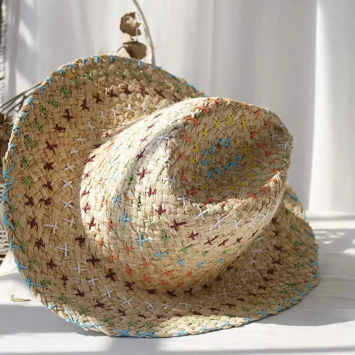 Raffia Straw Bohemian Sun Hat for Women Colorful Vacation