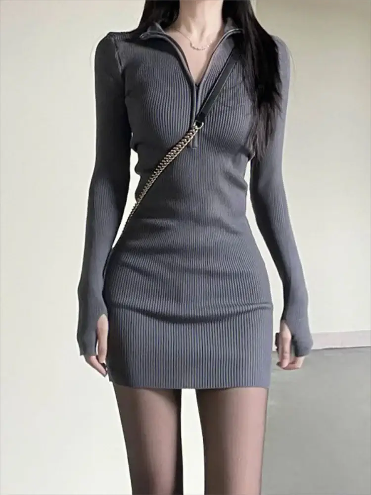 Long Sleeve Dresses for Women Black Sexy Club Bodycon Mini Dress Y2k High Waist Ladies Korean Short Dress Basic Autumn Winter