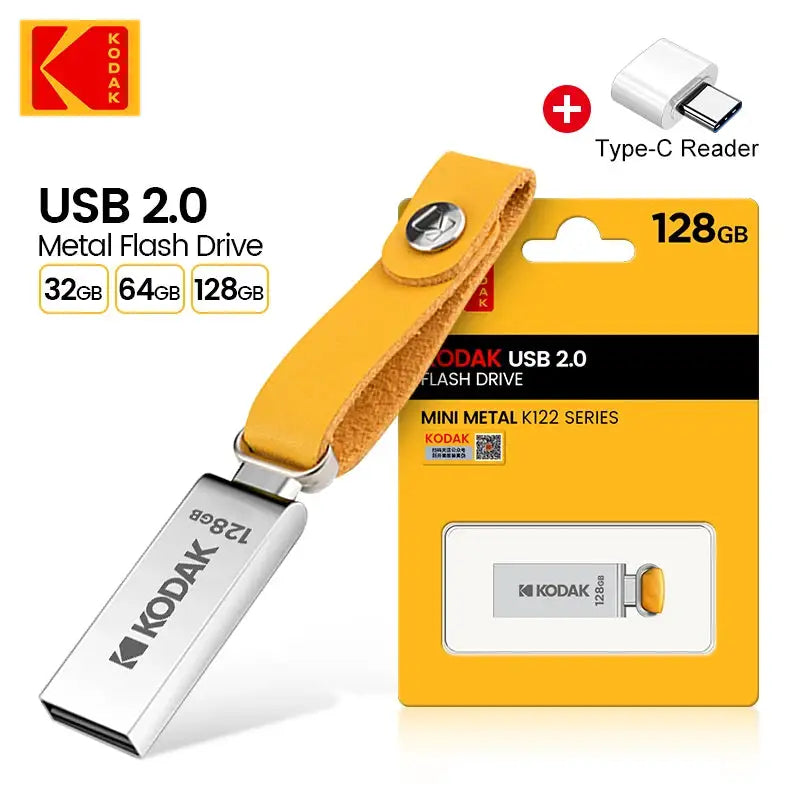 KODAK USB Flash Drives Mini Pen Drive 128GB 64GB 32GB Pendrive Waterproof USB Memory Stick Leather Landyard + Type C Adapter