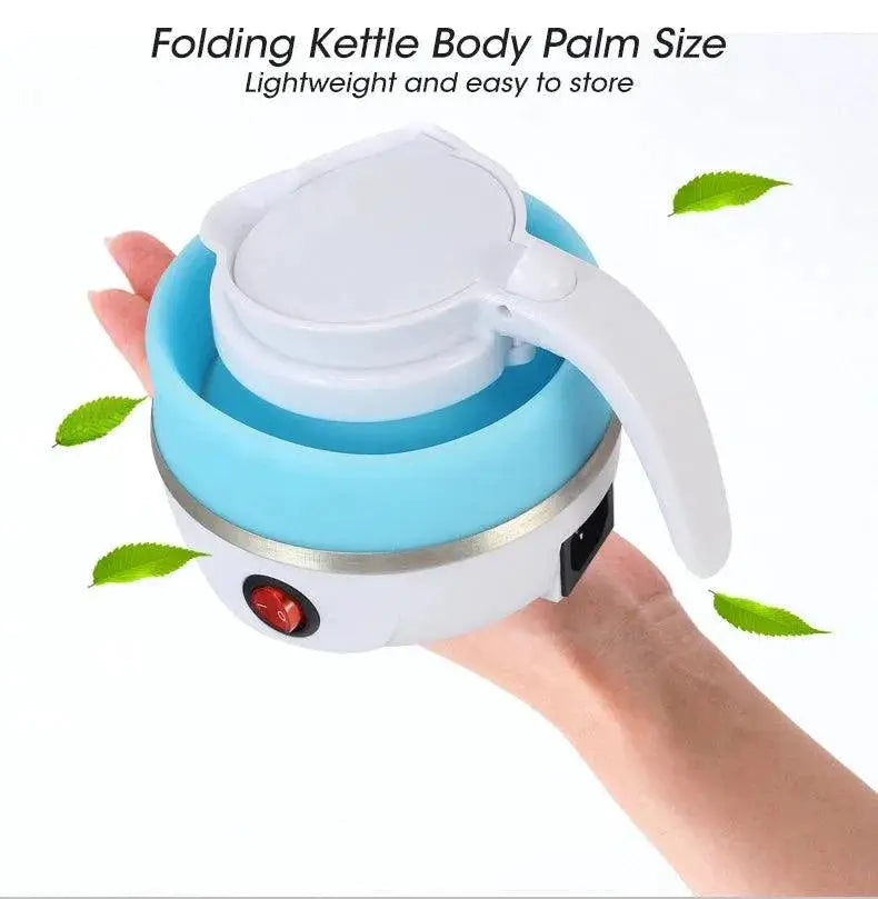 Compact blue foldable kettle on hand, lightweight travel appliance at OurLum.com