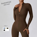 Elegant Nude Zipper Leotard High-Intensity Gym Jumpsuit