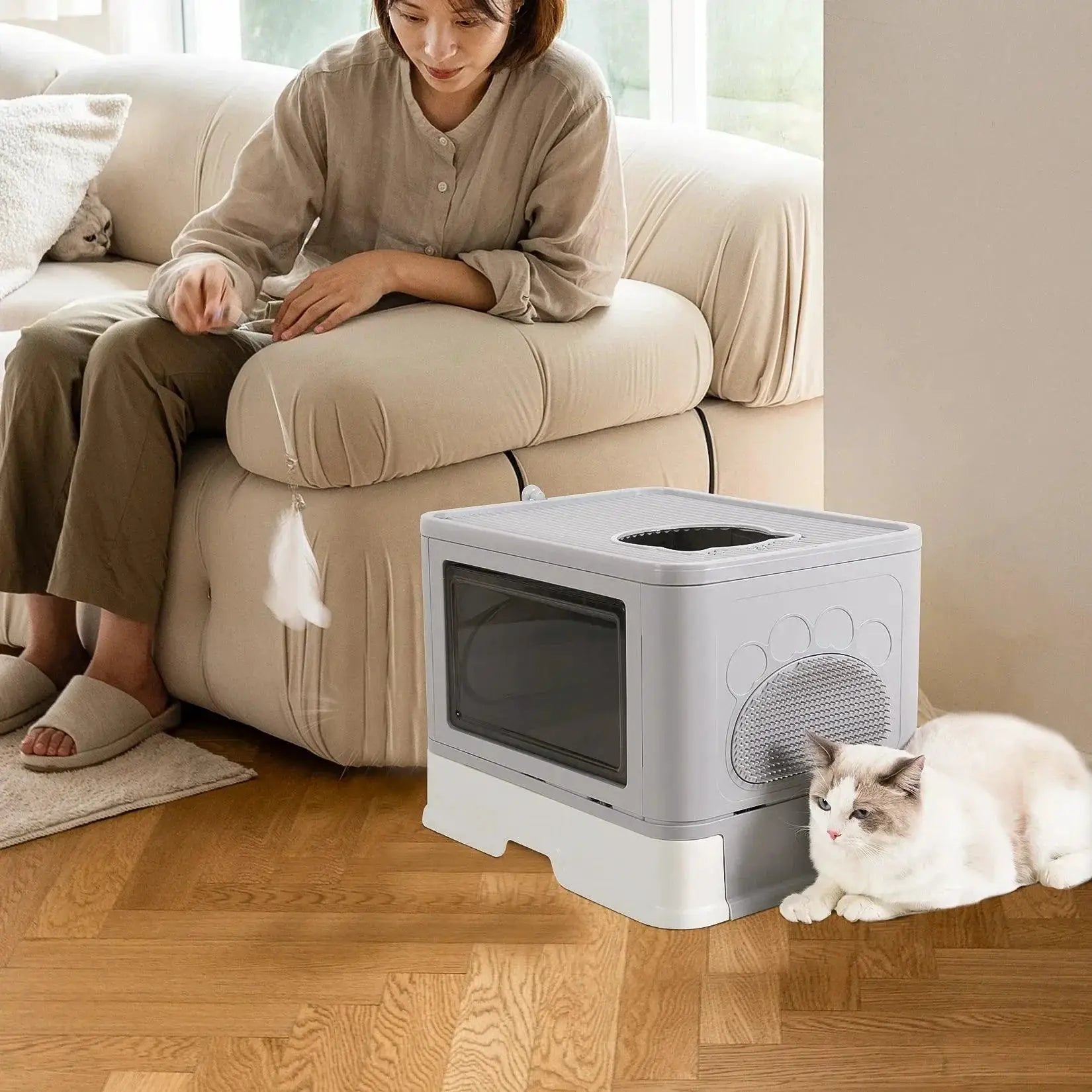 Cat Litter Box Fully Enclosed And Foldable Top Entry