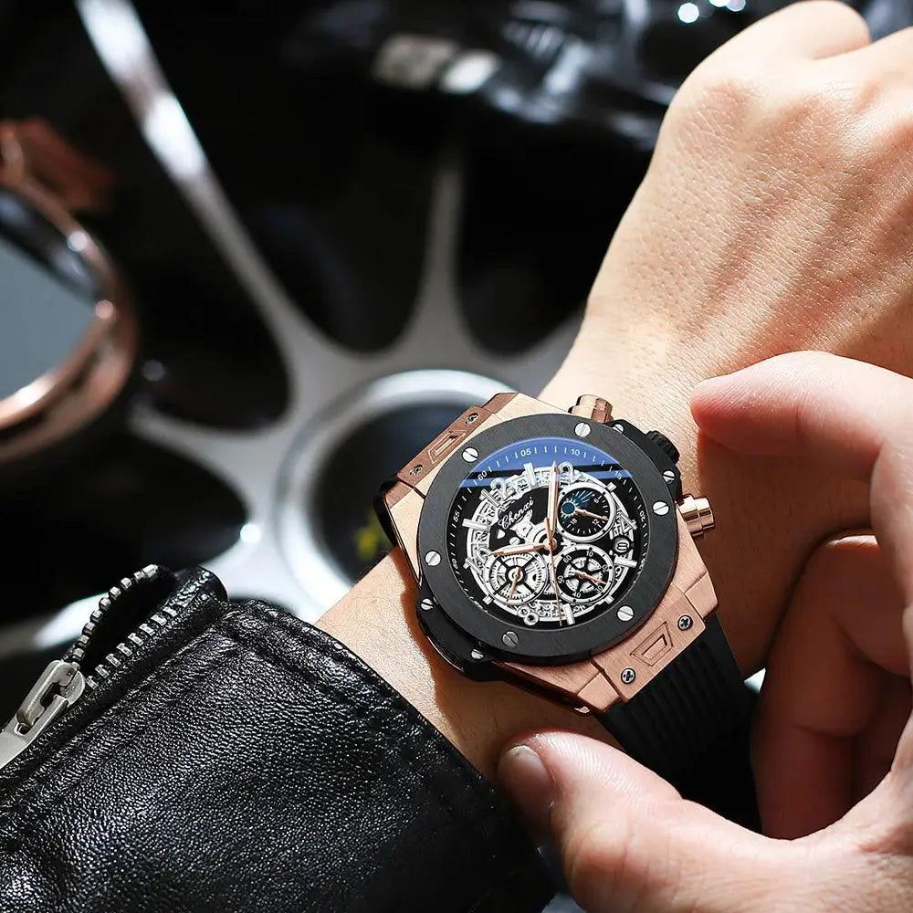 Black Silicone Moon Phase Chronograph Waterproof Watch