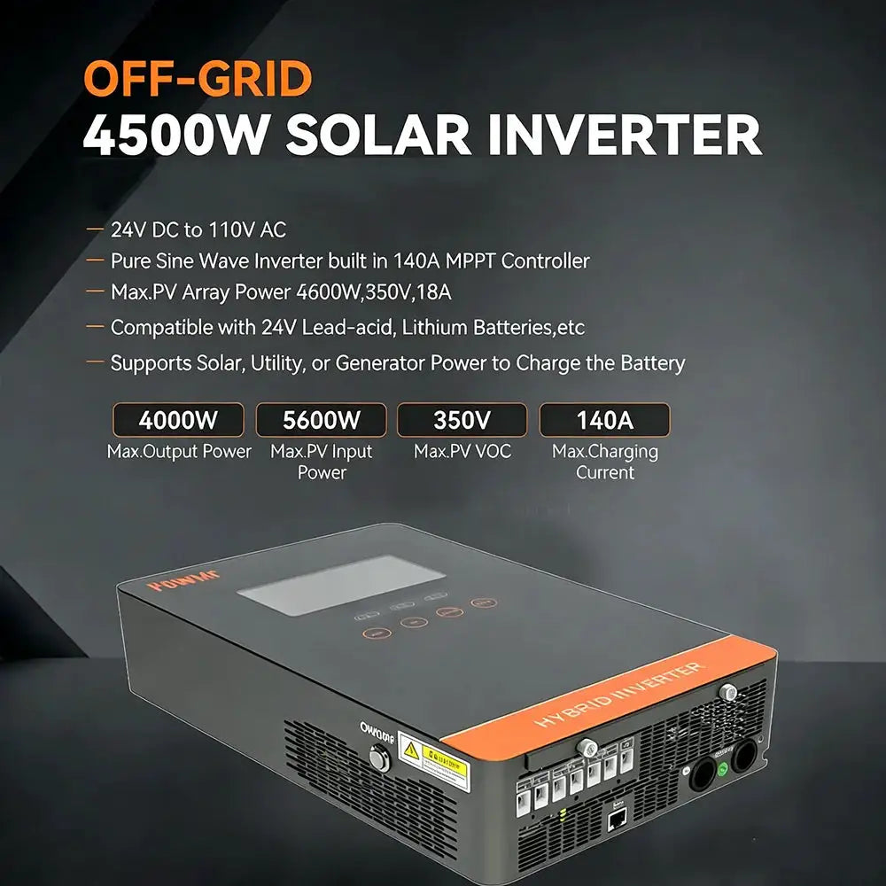POWMr 24V 4000W Solar Inverter 24VDC to 110VAC 140A MPPT Pure Sine Wave Off Grid Inverter with LCD Display Built in Lithium BMS Communication for Home RV Inversor