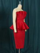 Red Ruffle Peplum Shoulder Dress Plus Size Evening Gown