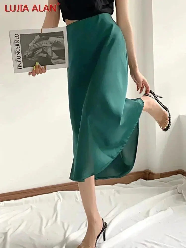 Solid Satin A Line Midi Skirt Summer Fashion Statement