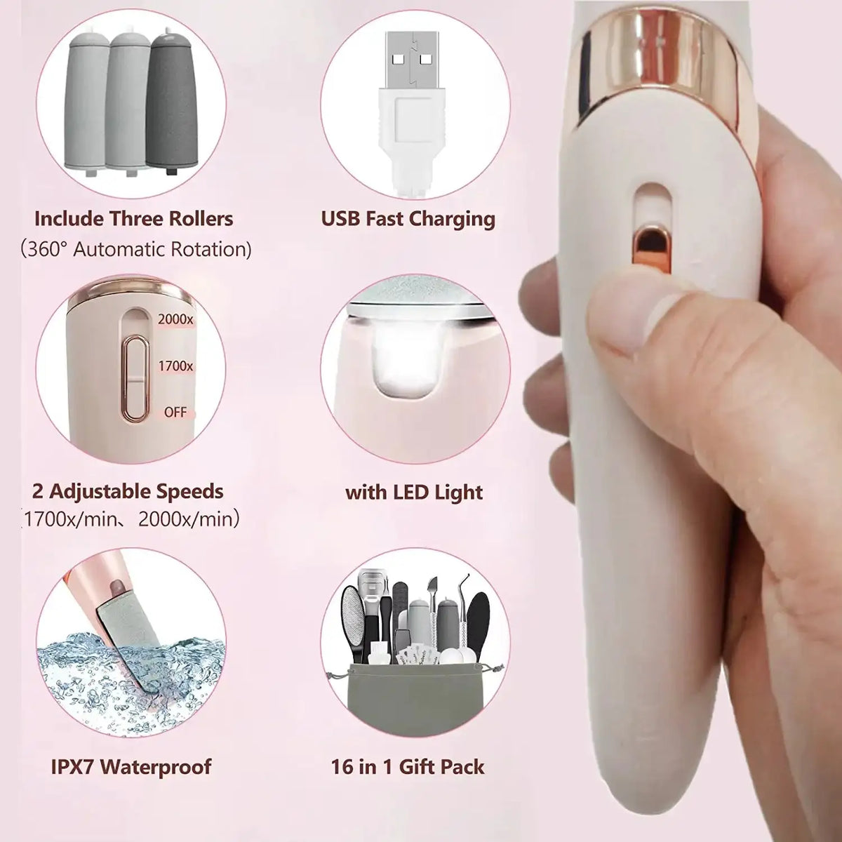 Rechargeable Electric Foot File 1+10 Set Callus Remover Machine Pedicure Device Foot Care Tools For Heels Remove Dead Skin Black