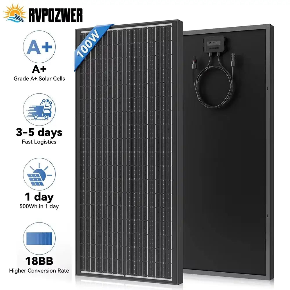 RVPOZWER 12BB/18BB 12V Solar Panel 100W N-Type Monocrystalline Solar Cell High-Efficiency PV Power for Rooftop Camping Rigid