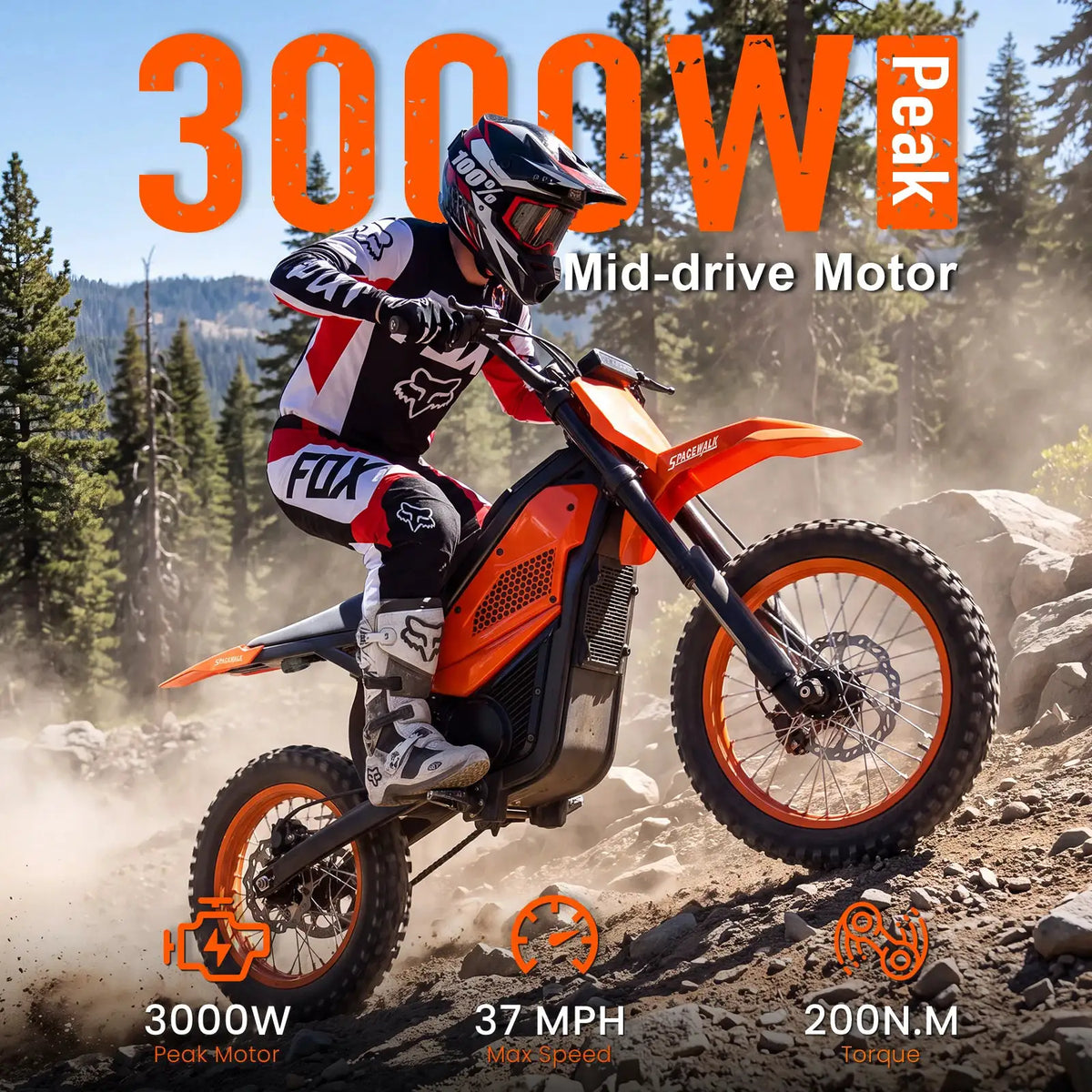 Spacewalk 3000W Electric Dirt Bike 60V 20.8Ah Removable Battery 37MPH 200N.M Torque 14"/12" Fat Tires Front/Rear Hydraulic Brakes LED Headlight Off-Road E-Moto UL2272 for Adults & Teens