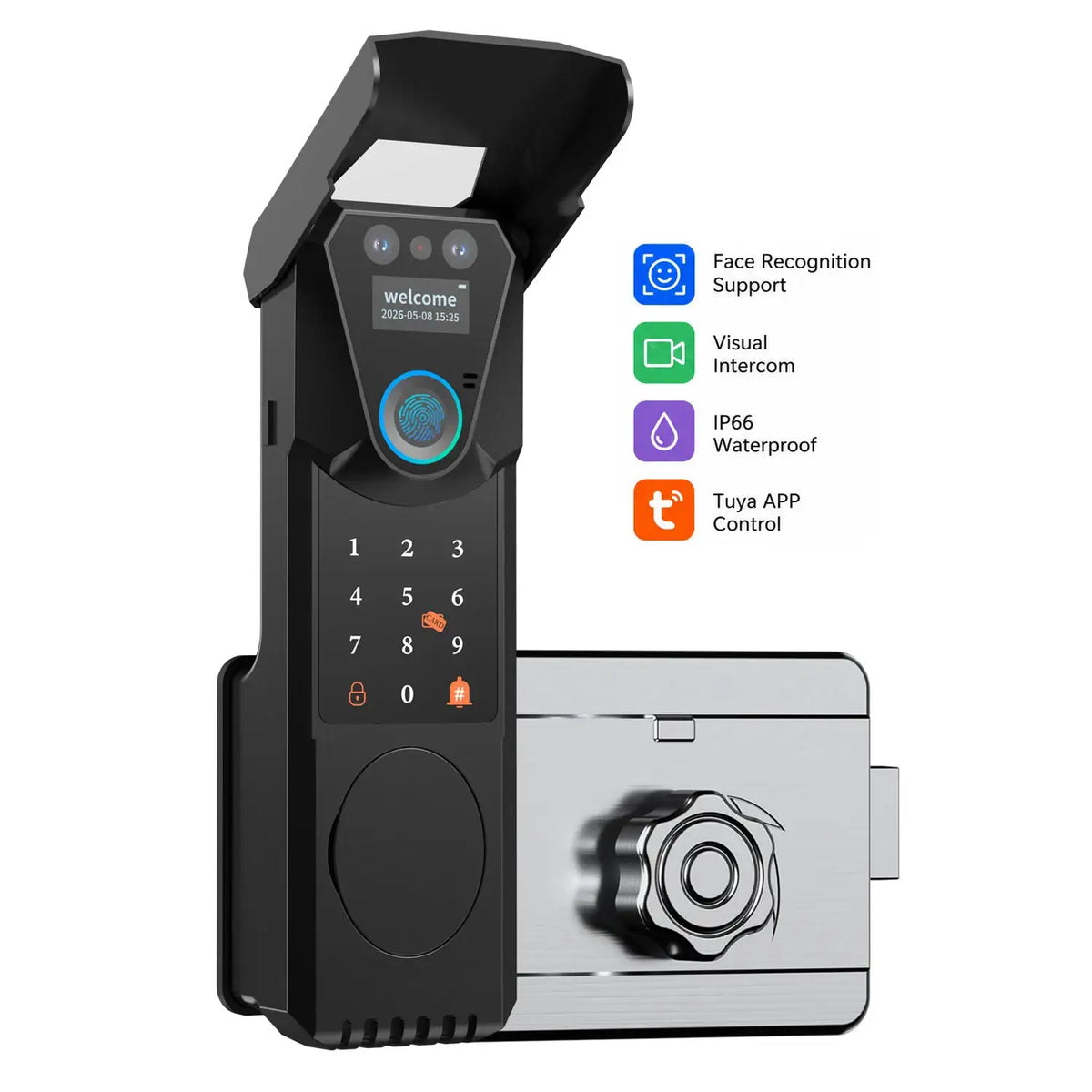Outdoor Waterproof Tuya Smart Fingerprint Gate Lock with Face Recognition Doorbell Video Intercom RFID Card Digital Code Entry