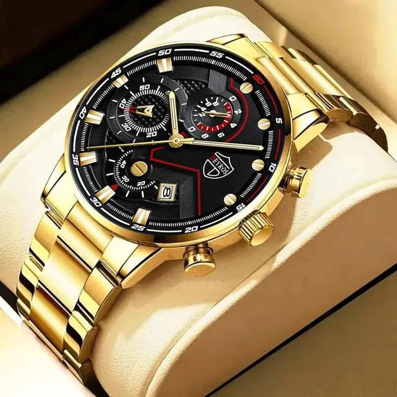 Men Stainless Steel Quartz Watch With Calendar Necklace Set
