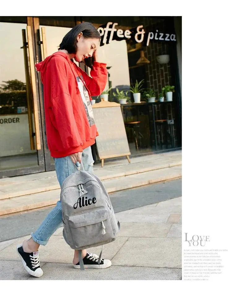 Personalised Corduroy Knapsack Custom Name Casual Backpack