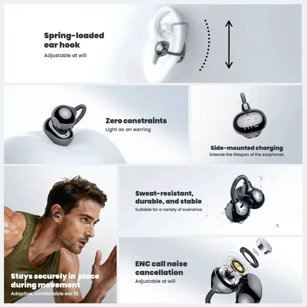 【HTC NE67】Bluetooth V6.0 Earphones AI Translator Earbuds TWS Earclip Wireless Headphones Portable with a Hanging Chain