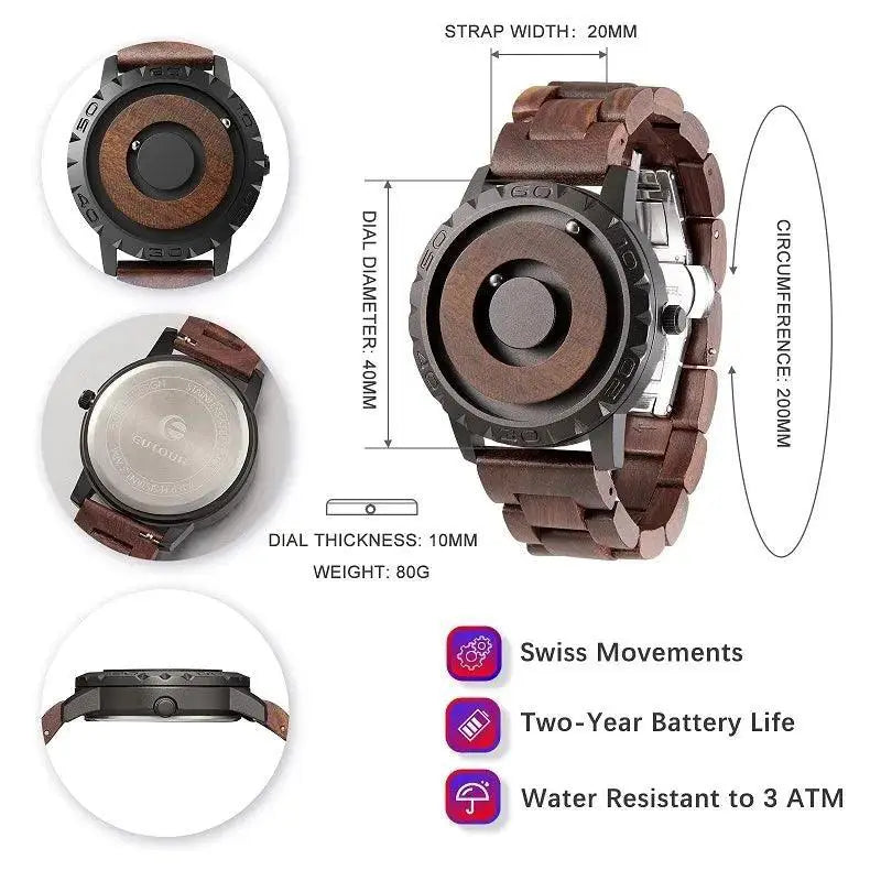 Magnetic Wooden Quartz Watch Stylish Interactive Timepiece
