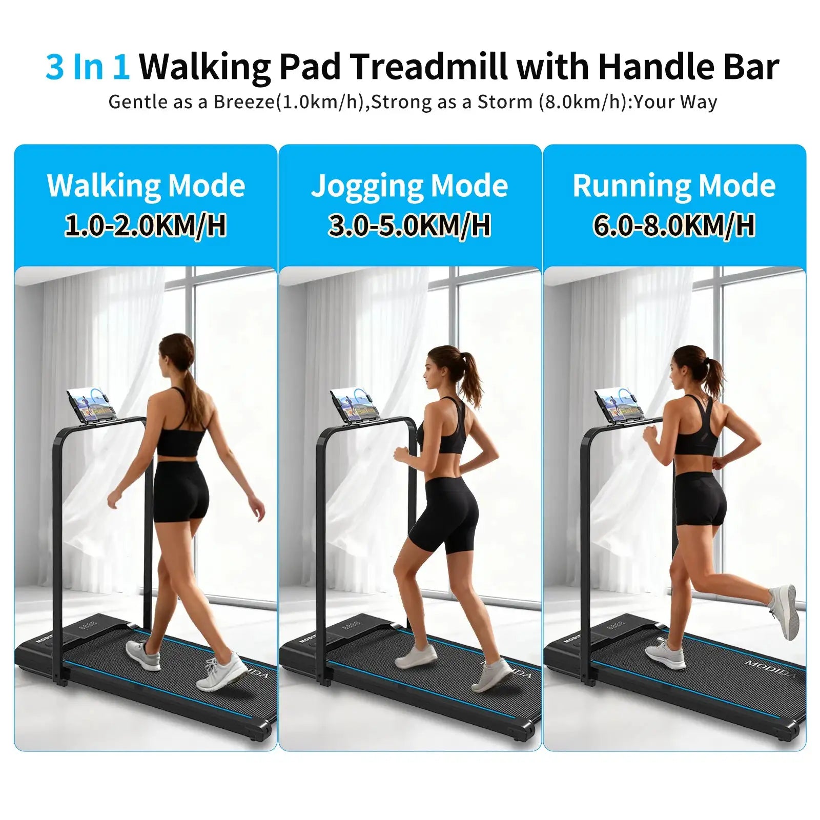 Walking Pad Treadmill with Foldable Handrail, 3.5HP Quiet Motor, 12-Speed LED Display, 300LB Capacity, Portable Under Desk Treadmill for Home Office Apartment Small Spaces