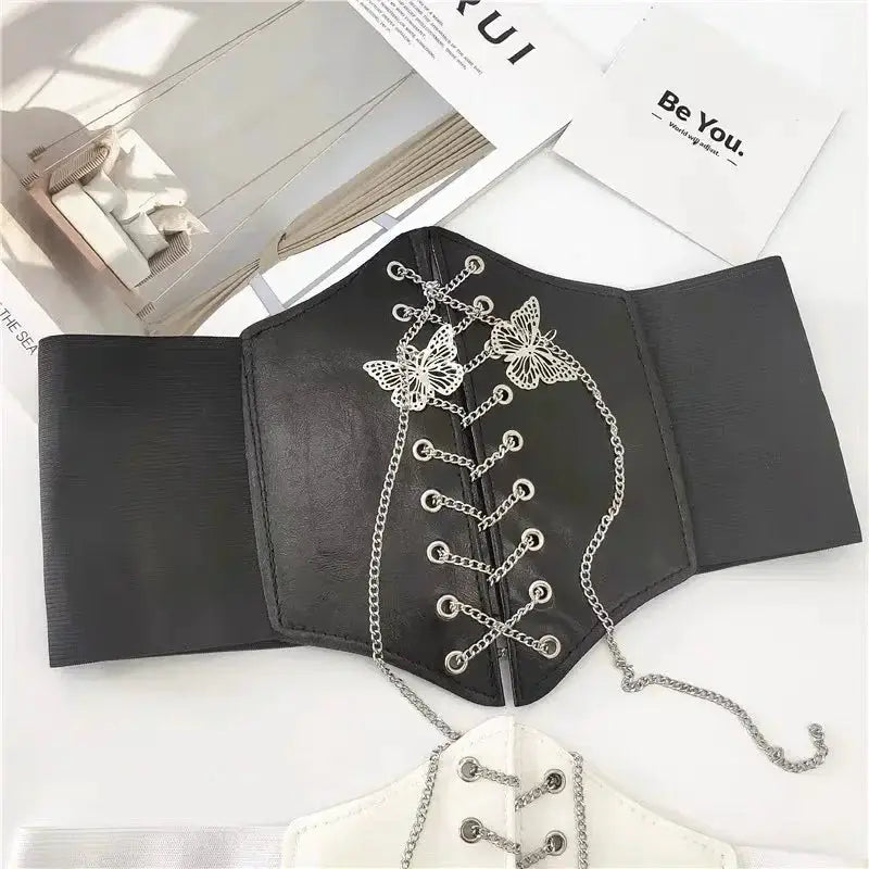 Butterfly Chain Corset Wide Belts PU Leather Slimming Girdle