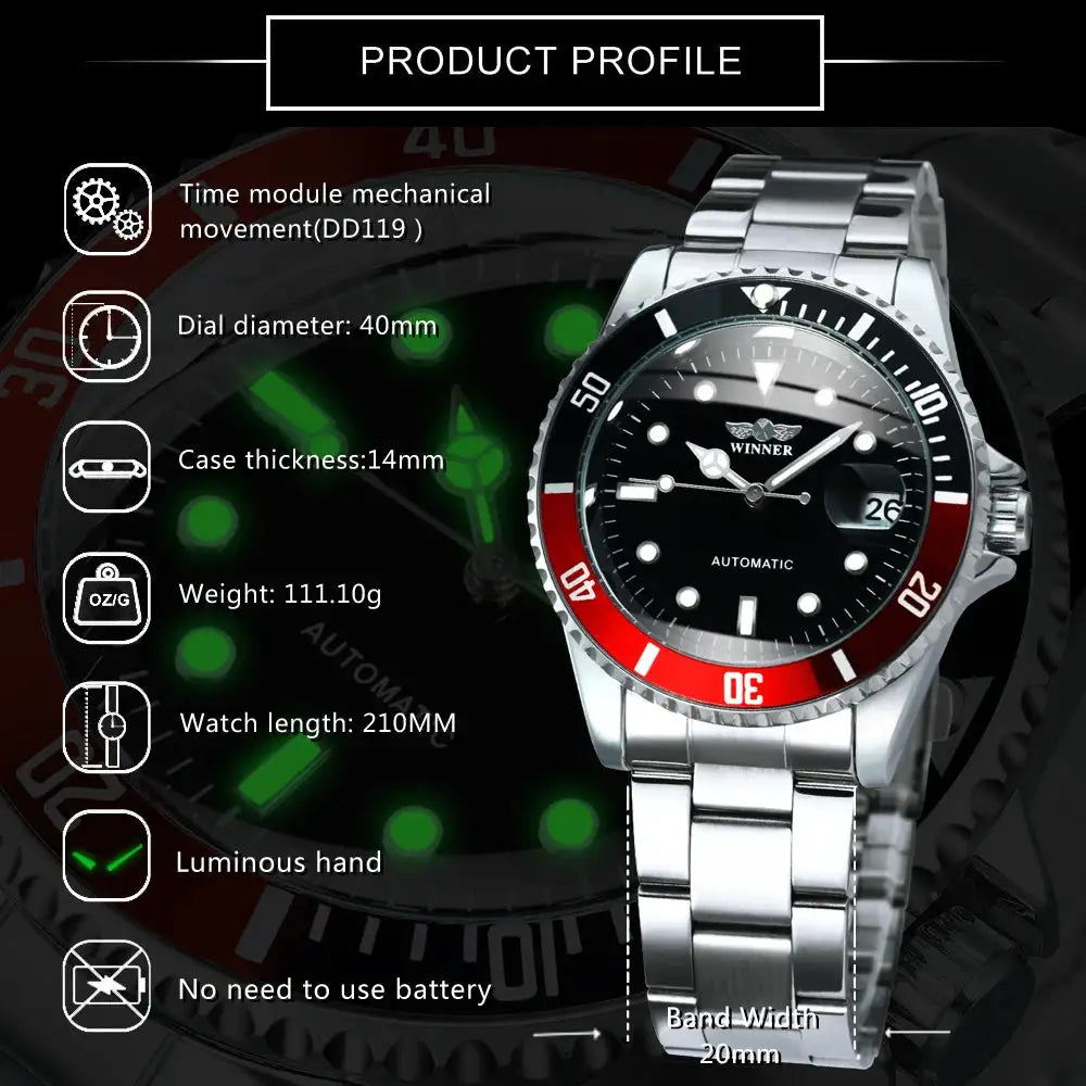 WINNER Business Mechanical Watches Luxury Brand Automatic Watch for Men Rotatable Bezel Luminous Design Steel Strap Wristwatches