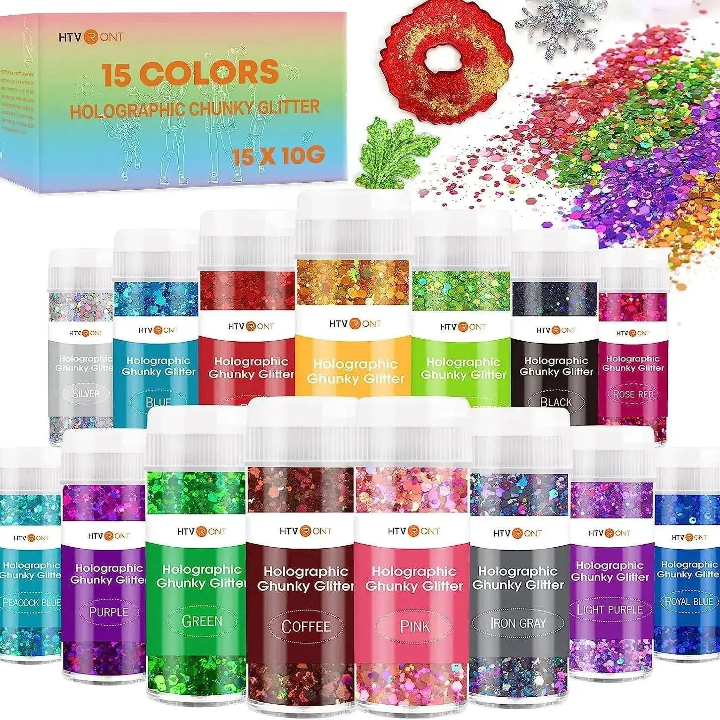 HTVRONT 150g 15 Color Holographic Chunky Glitter Powder Set