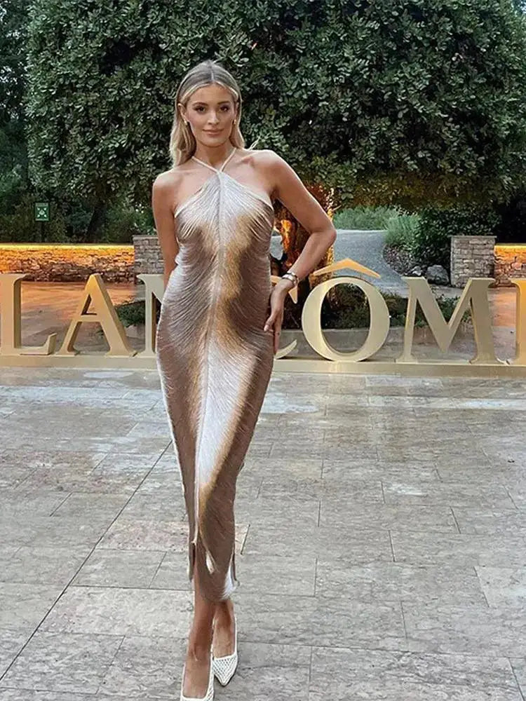 Elegant Golden Tassel Halter Dress Evening Gown for Women