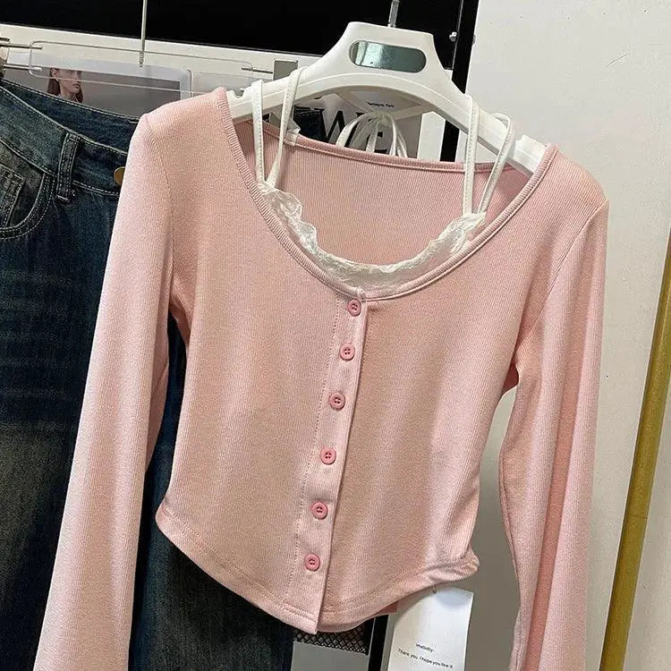 Pink Cropped T Shirt Retro Patchwork Design Korean Fashion