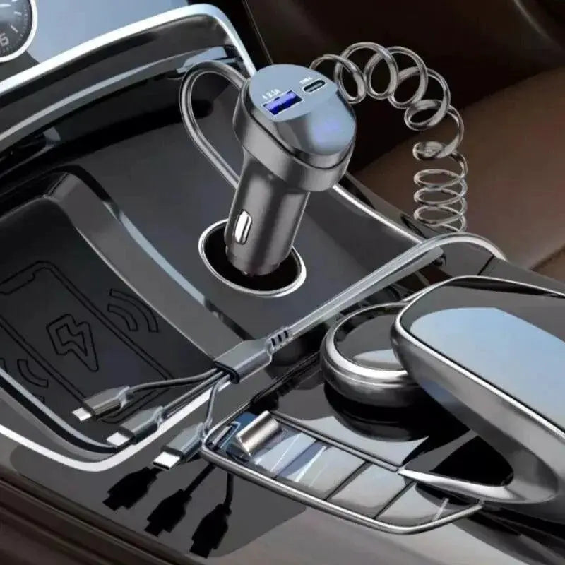 Car Charger Dual Ports Voltage Display Retractable USB Cable