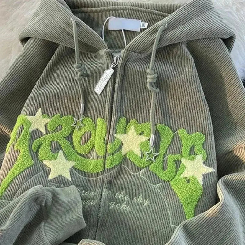 Women Retro Embroidery Zip Up Casual Jacket Coat Fashion