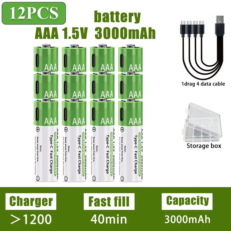 AA/AAA Rechargeable Battery 3000mAh/3800mAh Lithium Battery 1.5V Constant Voltage Fast Charging Type-C For Remote Mouse Toy Ect