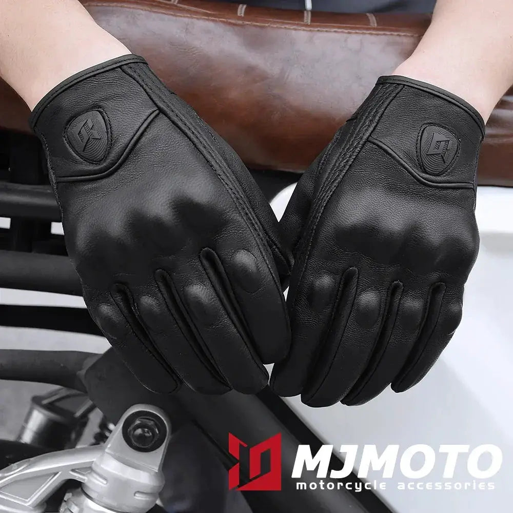 Vintage Black Leather Motorcycle Gloves For Men Biker Racing