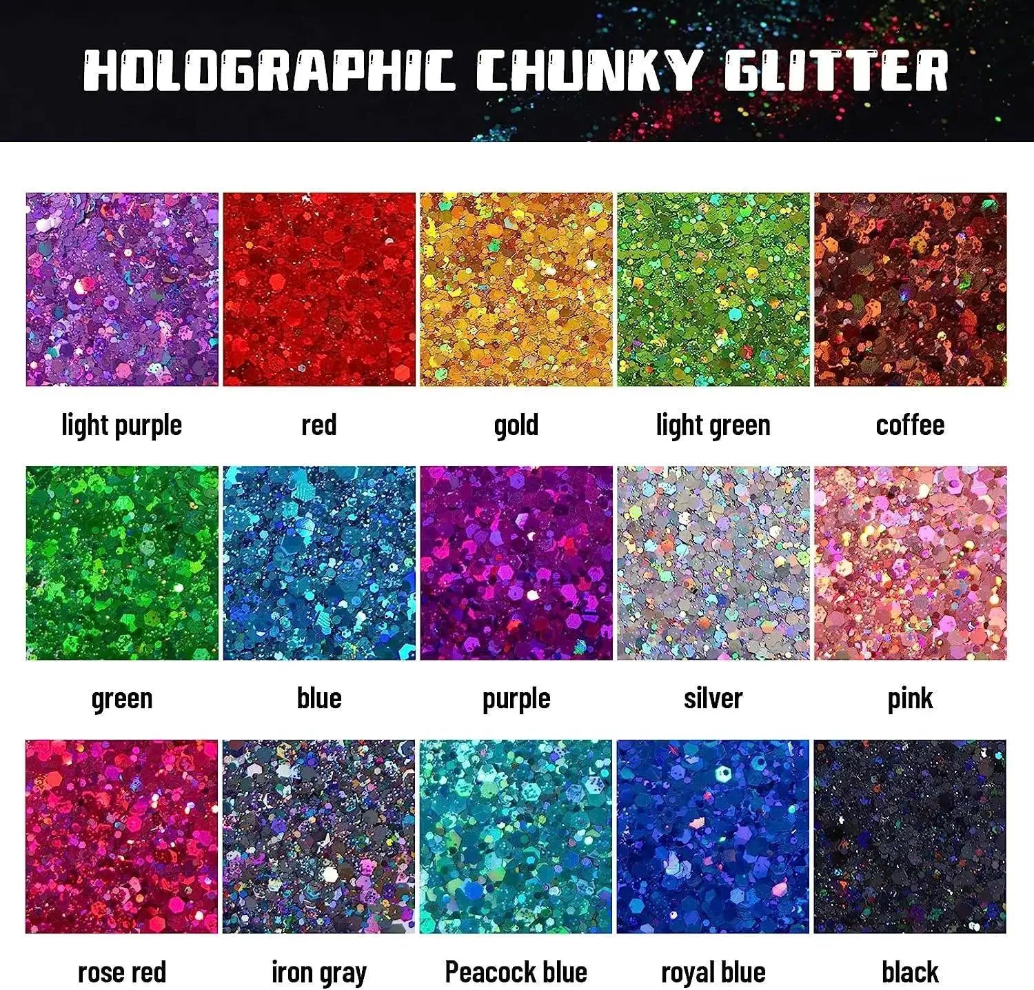 HTVRONT 150g 15 Color Holographic Chunky Glitter Powder Set